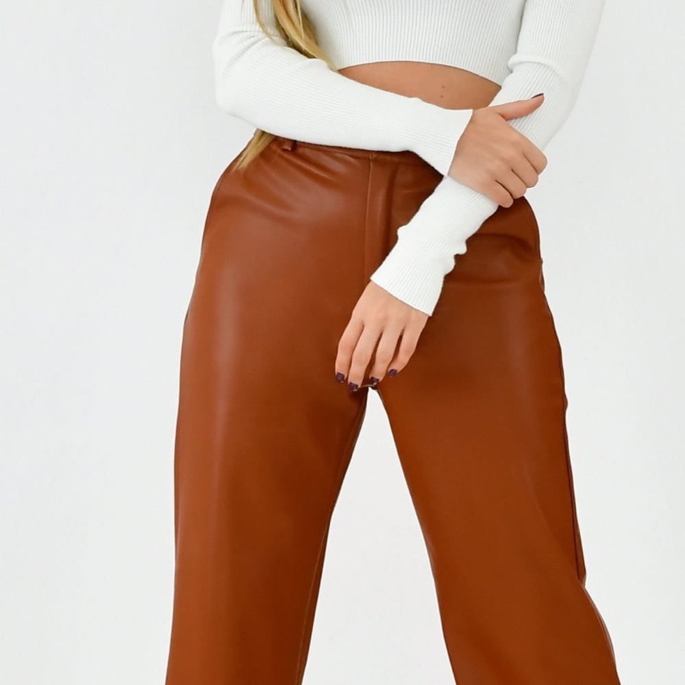 New wide leg brown leather pants